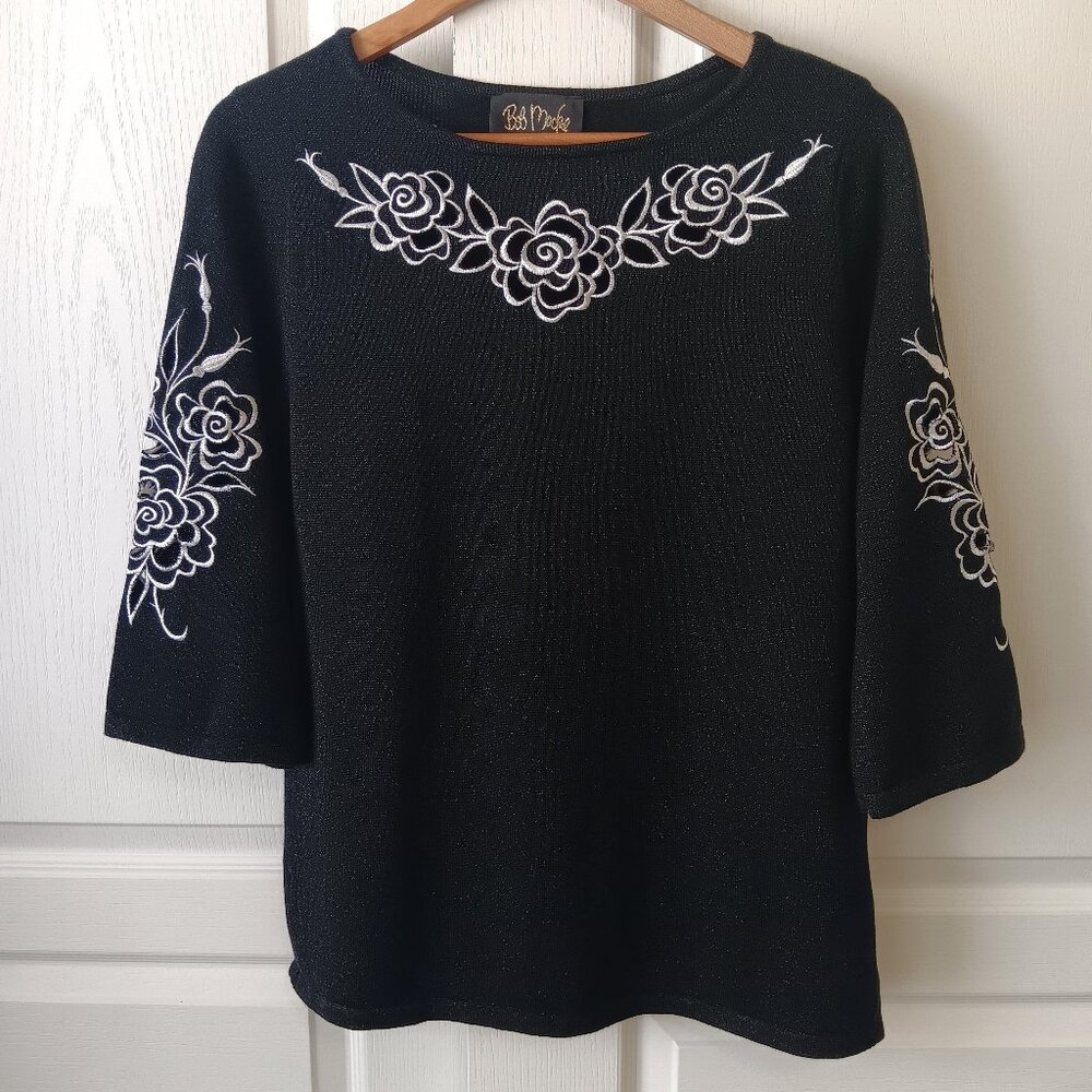 Bob Mackie Wearable Art Women's Black Glitter Cut Out 3/4 Sleeve Sweater Size S
